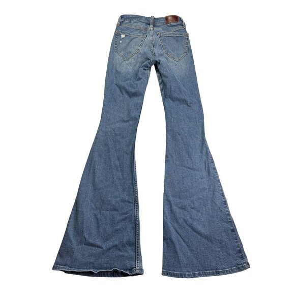 Hollister High Rise Flare Jeans Size 00R Medium Wash Distressed Ripped Knees - Picture 4 of 7